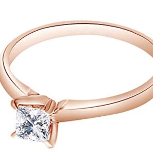 14K Solid Rose Gold Princess Shape (0.33 Cttw) White Natural Diamond Solitaire Engagement Wedding Ring, Size-10