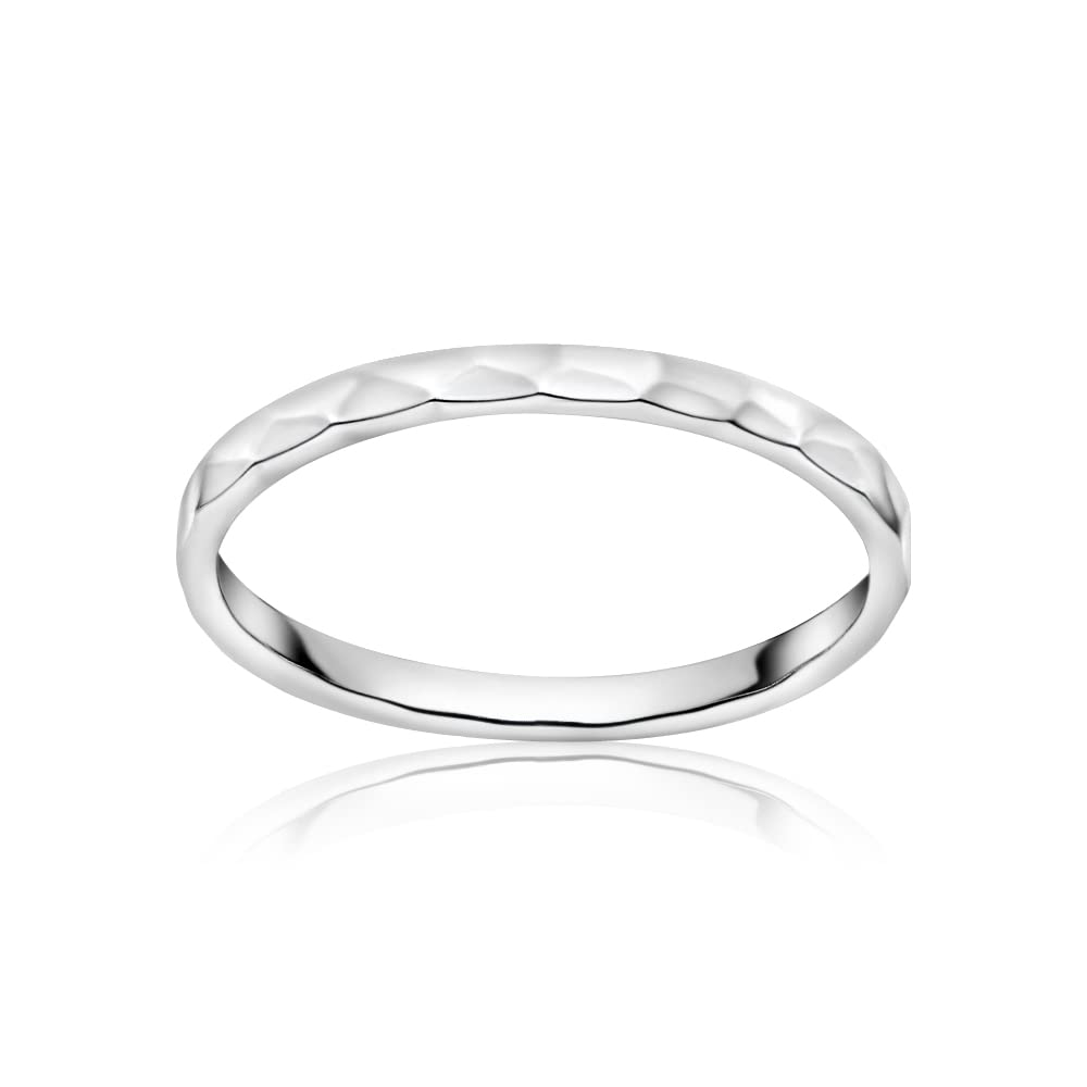 Hoops & Loops Sterling Silver Polished Hammered Midi Stackable Thin Wedding Band Ring, Size 9