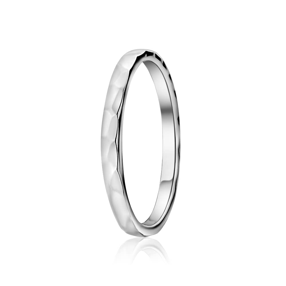 Hoops & Loops Sterling Silver Polished Hammered Midi Stackable Thin Wedding Band Ring, Size 9