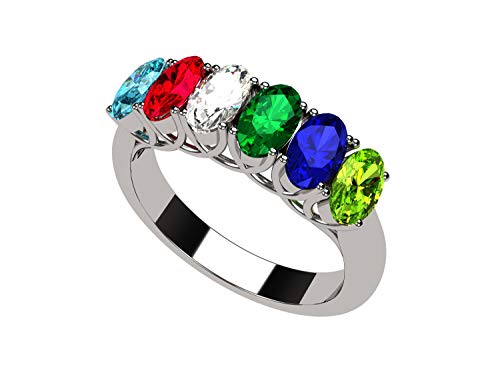 Central Diamond Center Oval Cut Lucita Mothers Birthstone Ring w/ 1 to 7 Simulated Birthstones - Sterling Silver-Size 10