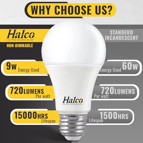 Halco ProLed Led Light Bulbs A19 2 Non Dimmable, Frosted 120V, 60W Equivalent Efficient 9W, 720 Lumen, 15000 Hours, E26, 6 Pack (3000k Warm White)