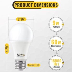 Halco ProLed Led Light Bulbs A19 2 Non Dimmable, Frosted 120V, 60W Equivalent Efficient 9W, 720 Lumen, 15000 Hours, E26, 6 Pack (3000k Warm White)