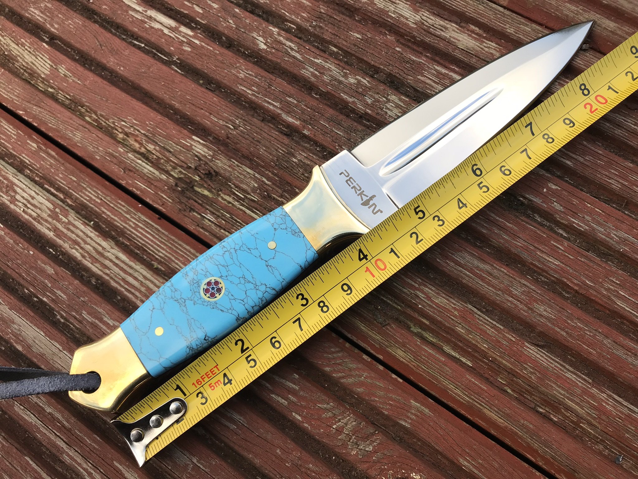 Perkin | 8.5 Inch Fixed Blade Hunting Knife | Throwing Knife, Turquoise Handle | Leather Sheath