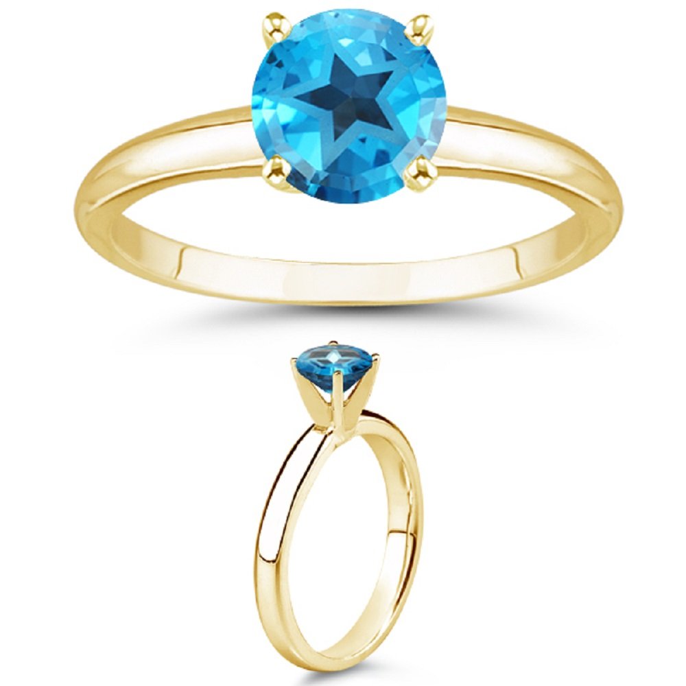 Vogati 4.70-5.40 Cts of 10 mm AAA Texas Star Cut Swiss Blue Topaz Ring in 14K Yellow Gold-9.0