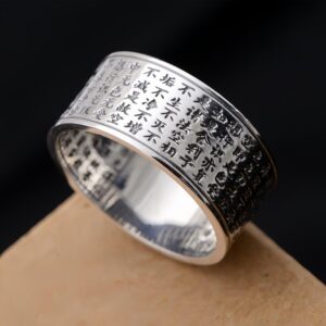 Vintage Real 999 Sterling Silver Heart Sutra Ring Buddhist Mantra Band Ring for Men Women Size 7