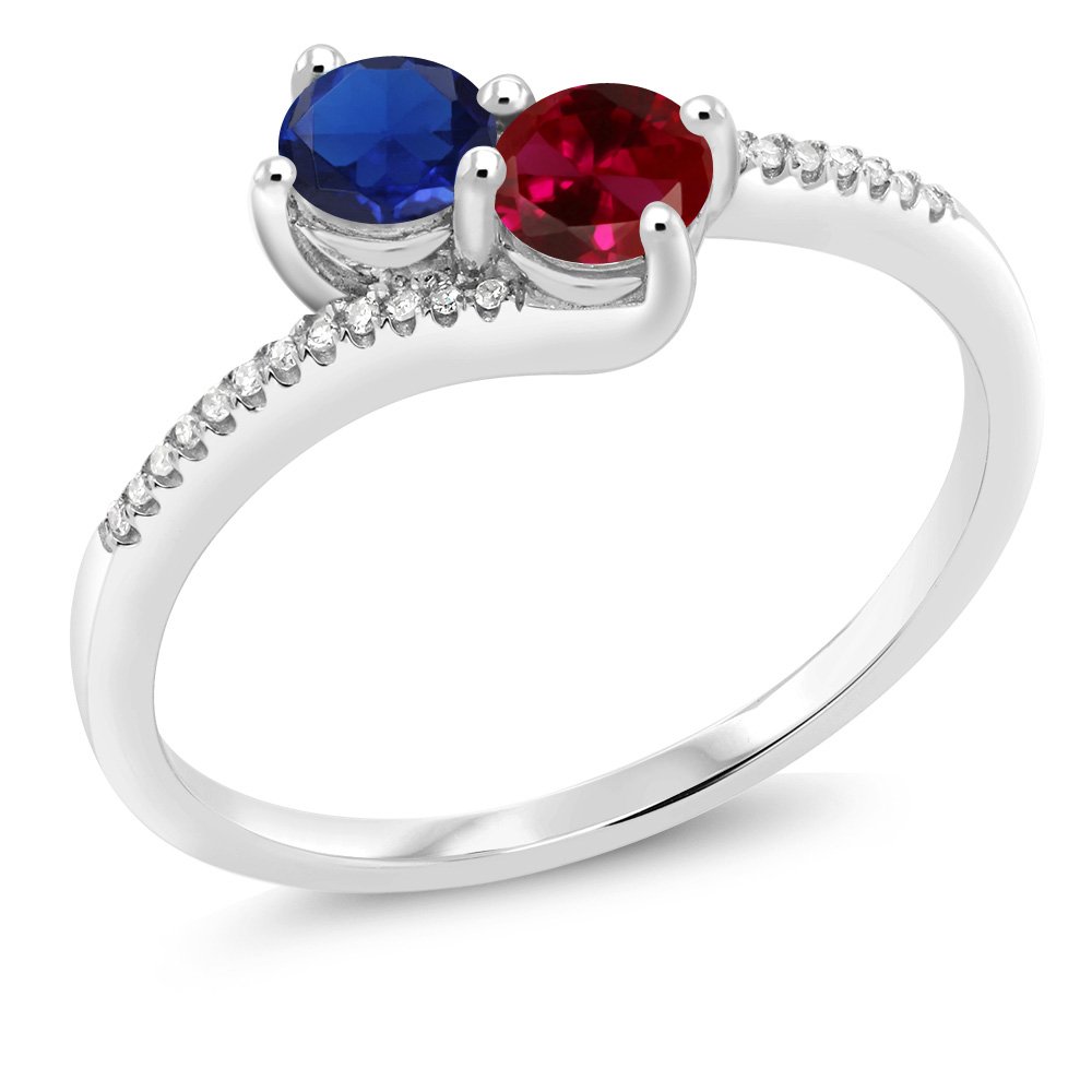 Gem Stone King 10K White Gold Forever United 2 Stone Blue Created Sapphire and Red Created Ruby and Diamond Engagement Ring For Women (0.67 Cttw, Round, Avaiable in Size 5,6,7,8,9)