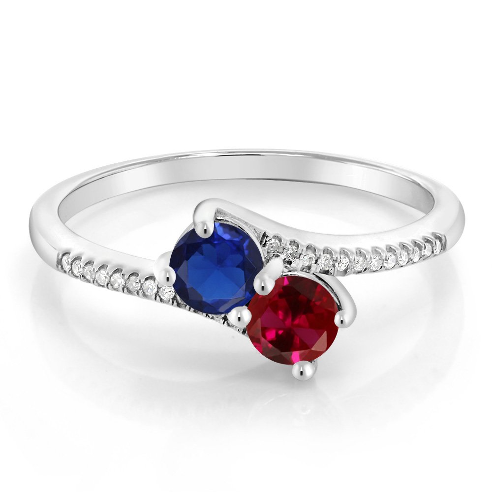 Gem Stone King 10K White Gold Forever United 2 Stone Blue Created Sapphire and Red Created Ruby and Diamond Engagement Ring For Women (0.67 Cttw, Round, Avaiable in Size 5,6,7,8,9)