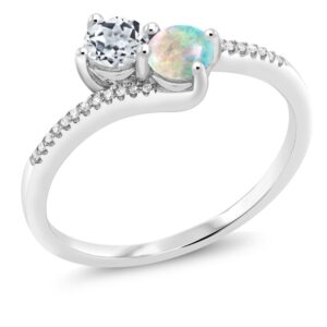 gem stone king 10k white gold forever united 2 stone white topaz and white simulated opal and diamond engagement ring for women (0.75 cttw, round, avaiable in size 5,6,7,8,9)