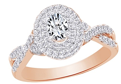 AFFY 0.62 CT White Natural Diamond Oval Shape Twist Shank Double Halo Engagement Wedding Ring In 14k Rose Gold With Ring Size 11.5