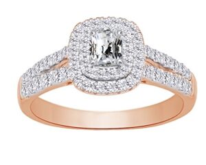 affy cushion shape split shank double halo engagement wedding ring in 14k rose gold with 0.62 cttw white natural diamond with ring size 5