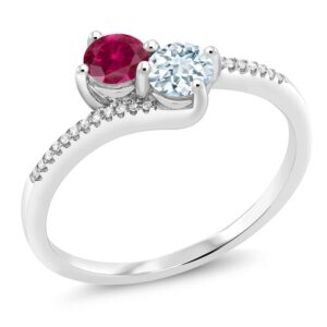 Gem Stone King 10K White Gold Forever United 2 Stone Red Created Ruby and Sky Blue Aquamarine and Diamond Engagement Ring For Women (0.64 Cttw, Round, Avaiable in Size 5,6,7,8,9)