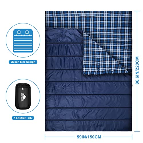 Cotton Flannel Double Sleeping Bag for Camping, Backpacking, Or Hiking. Queen Size 2 Person Waterproof Sleeping Bag for Adults Or Teens. Truck, Tent, Or Sleeping Pad, Lightweight（Pillows NOT include