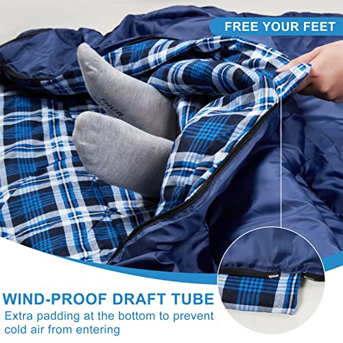 Cotton Flannel Double Sleeping Bag for Camping, Backpacking, Or Hiking. Queen Size 2 Person Waterproof Sleeping Bag for Adults Or Teens. Truck, Tent, Or Sleeping Pad, Lightweight（Pillows NOT include