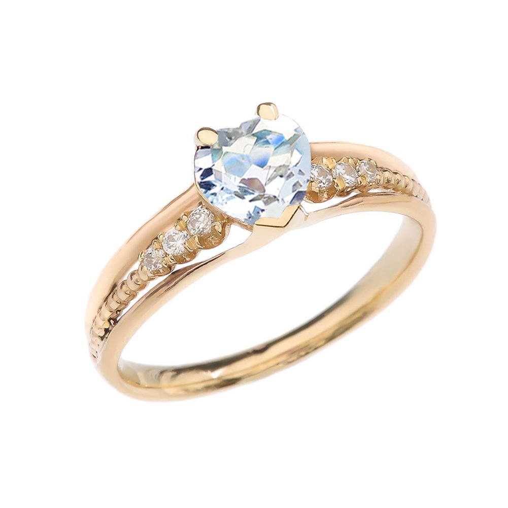 Dazzling 10k Yellow Gold Diamond And Aquamarine Birthstone Heart Beaded Promise Ring (Size 9)