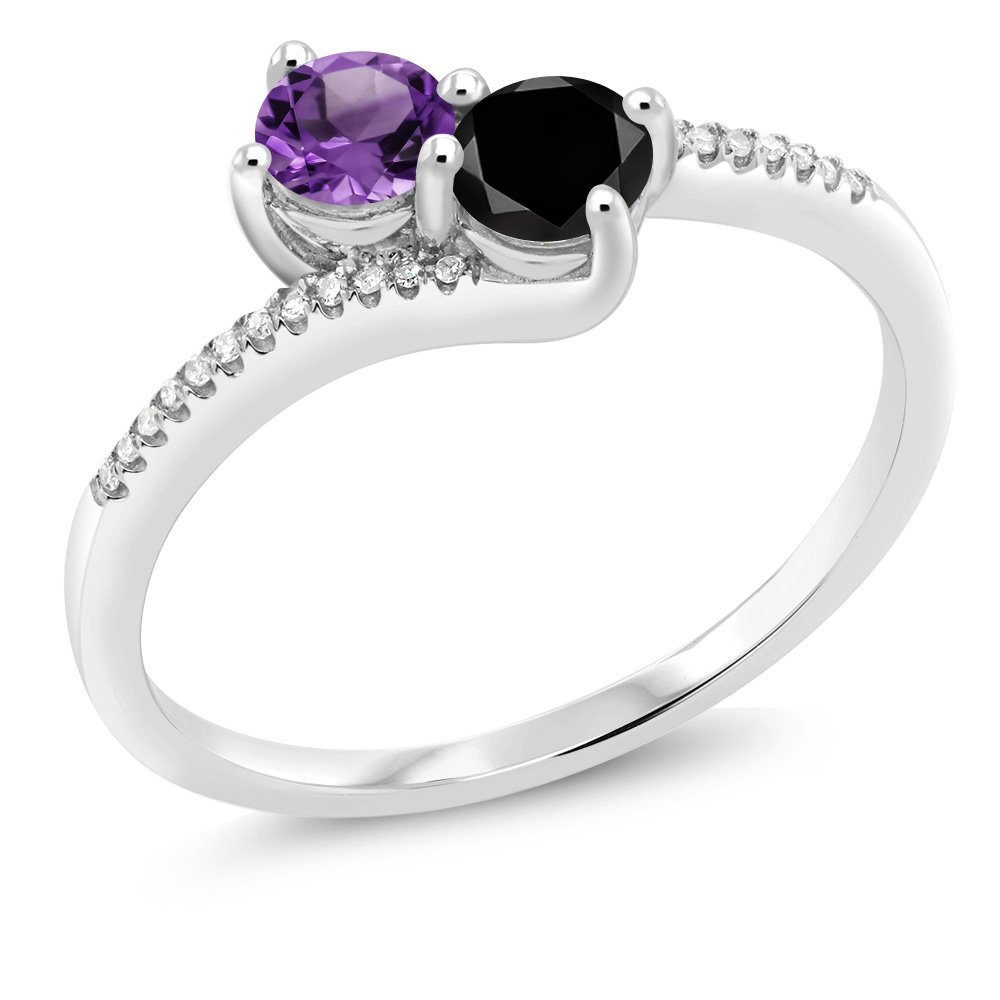 Gem Stone King 10K White Gold Forever United 2 Stone Purple Amethyst and Black and White Diamond Engagement Ring For Women (0.68 Cttw, Round, Avaiable in Size 5,6,7,8,9)