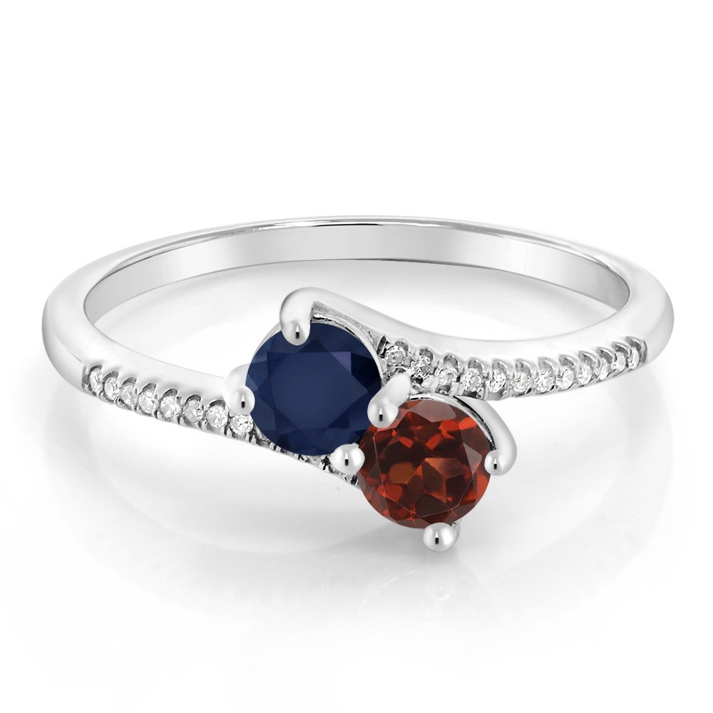 Gem Stone King 10K White Gold Forever United 2 Stone Blue Sapphire and Red Garnet and Diamond Engagement Ring For Women (0.90 Cttw, Round, Avaiable in Size 5,6,7,8,9)