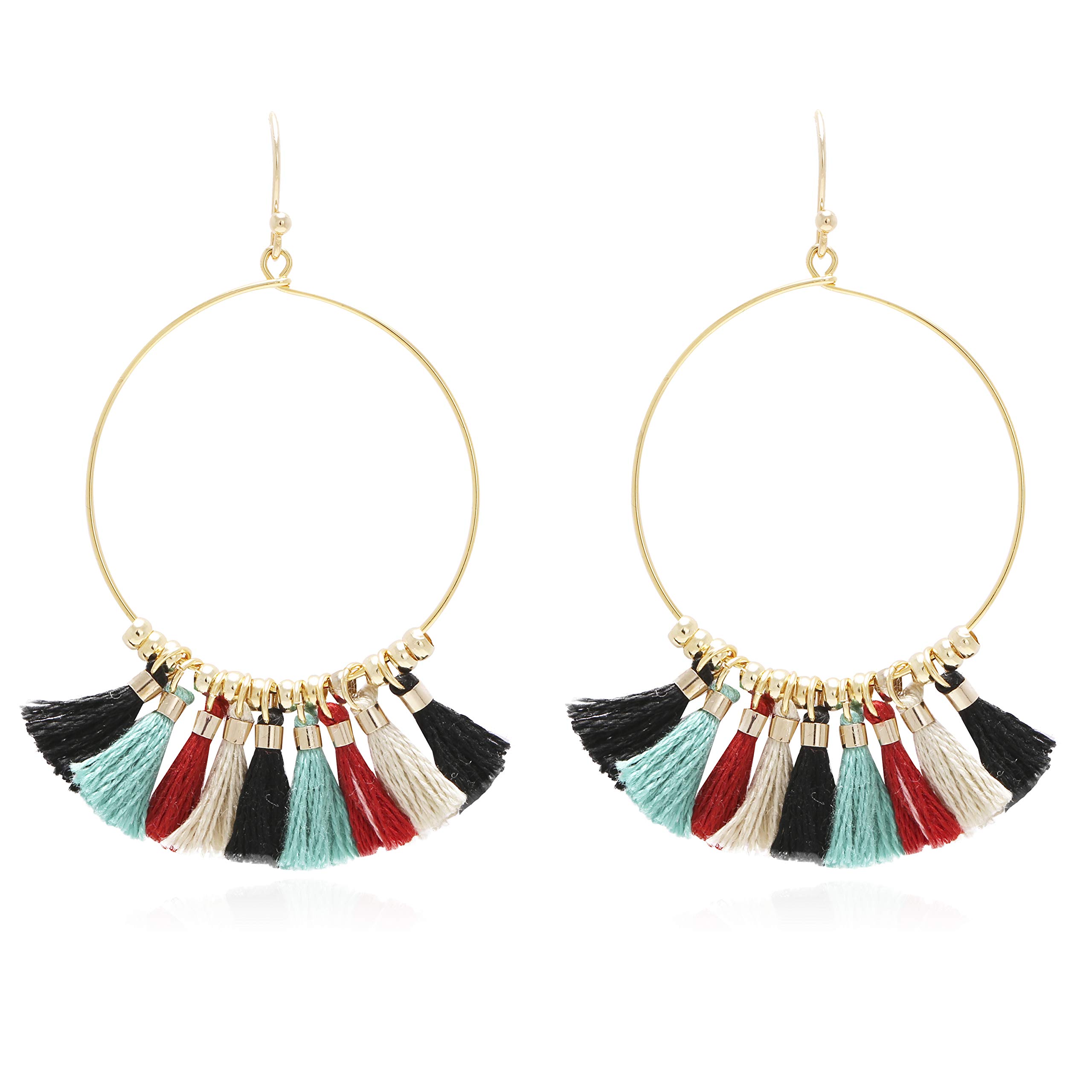 Bohemian Handmade Multi Color Tassel with Yellow Gold Plated Dangle Drop Statement Earrings