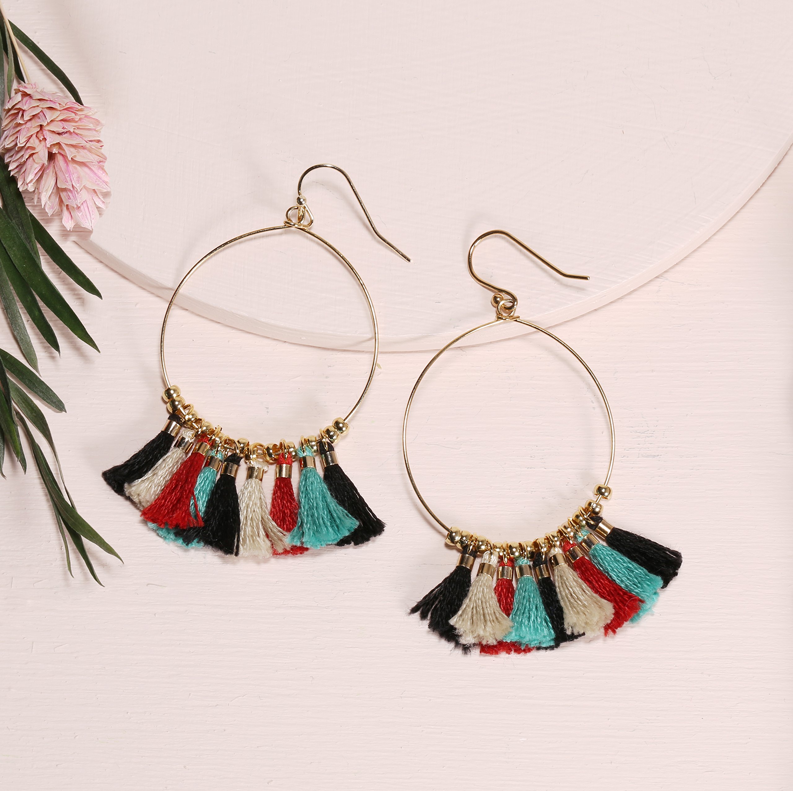 Bohemian Handmade Multi Color Tassel with Yellow Gold Plated Dangle Drop Statement Earrings