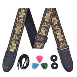 CLOUDMUSIC Guitar Strap Jacquard Weave Strap With Leather Ends Vintage Classical Pattern Design Picks Free (Vintage Classical Pattern Design 32)