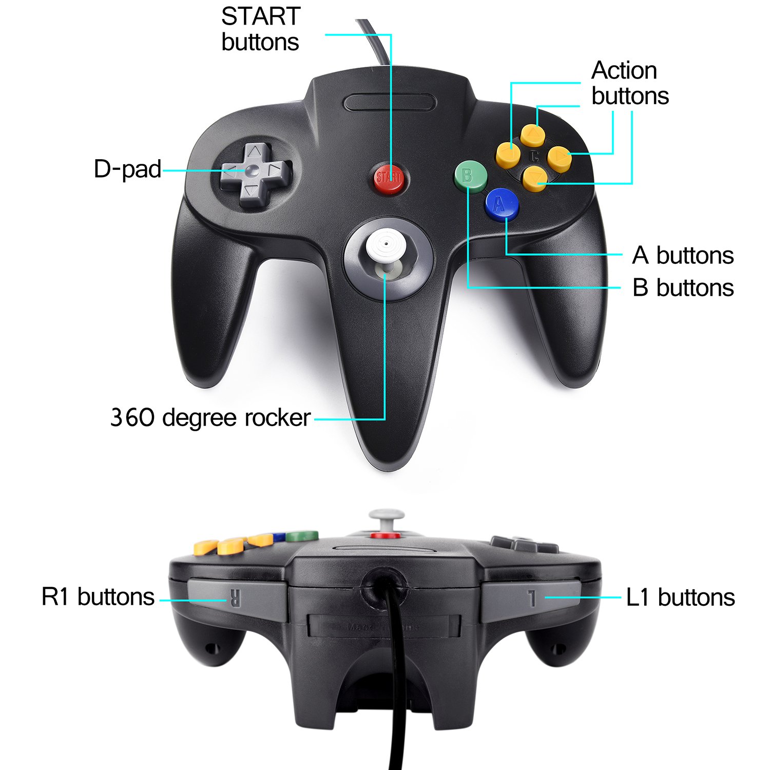 KIWITATA 2X Classic N64 Controller, Retro N64 Remote Wired Game Upgraded Joystick Gamepad Controller for N64 Video Game Console