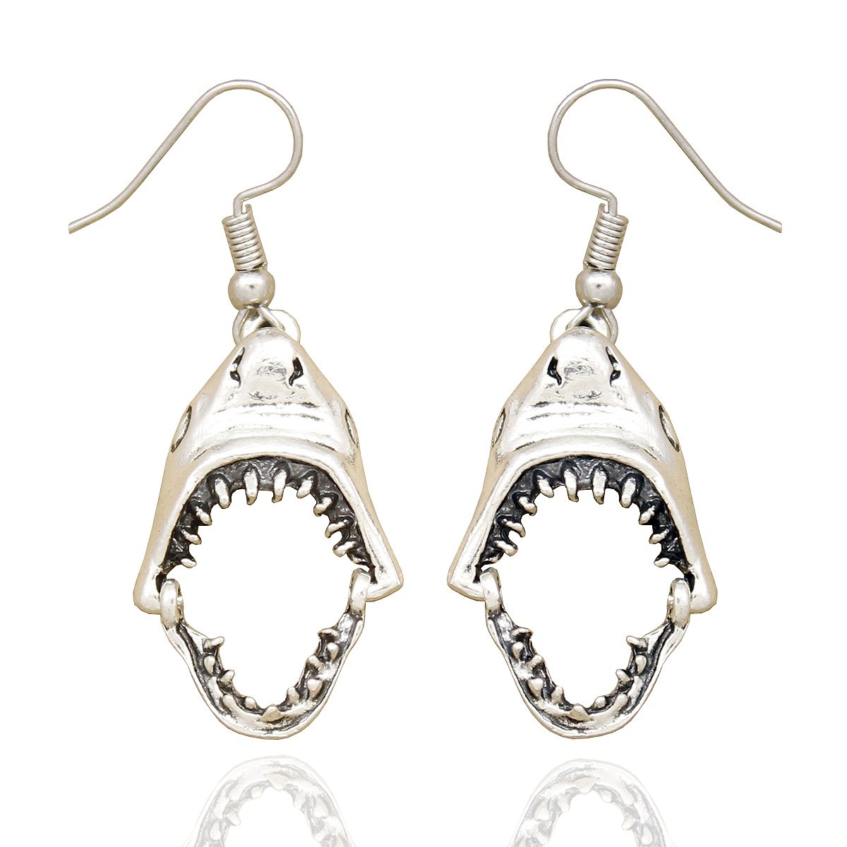 RechicGu Vintage Silver Shark Hinged Moveable Tooth Jaws Skull Hell Demon Mouth Dangle Earrings Fancy Dress