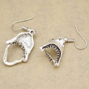 RechicGu Vintage Silver Shark Hinged Moveable Tooth Jaws Skull Hell Demon Mouth Dangle Earrings Fancy Dress