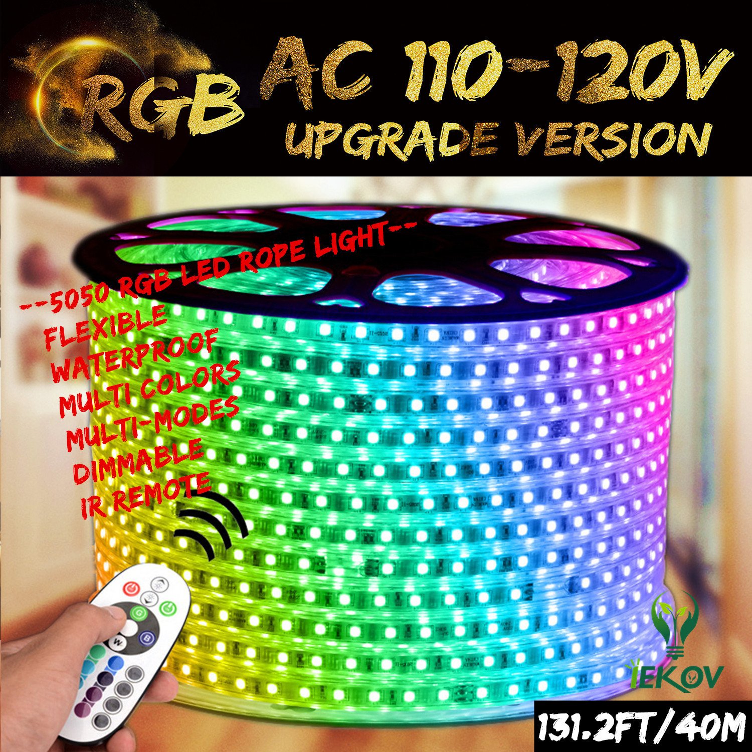 IEKOV RGB LED Strip Light, AC 110-120V Flexible/Waterproof/Multi Colors/Multi-Modes Function/Dimmable SMD5050 LED Rope Light with Remote for Home/Office/Building Decoration (131.2ft/40m)