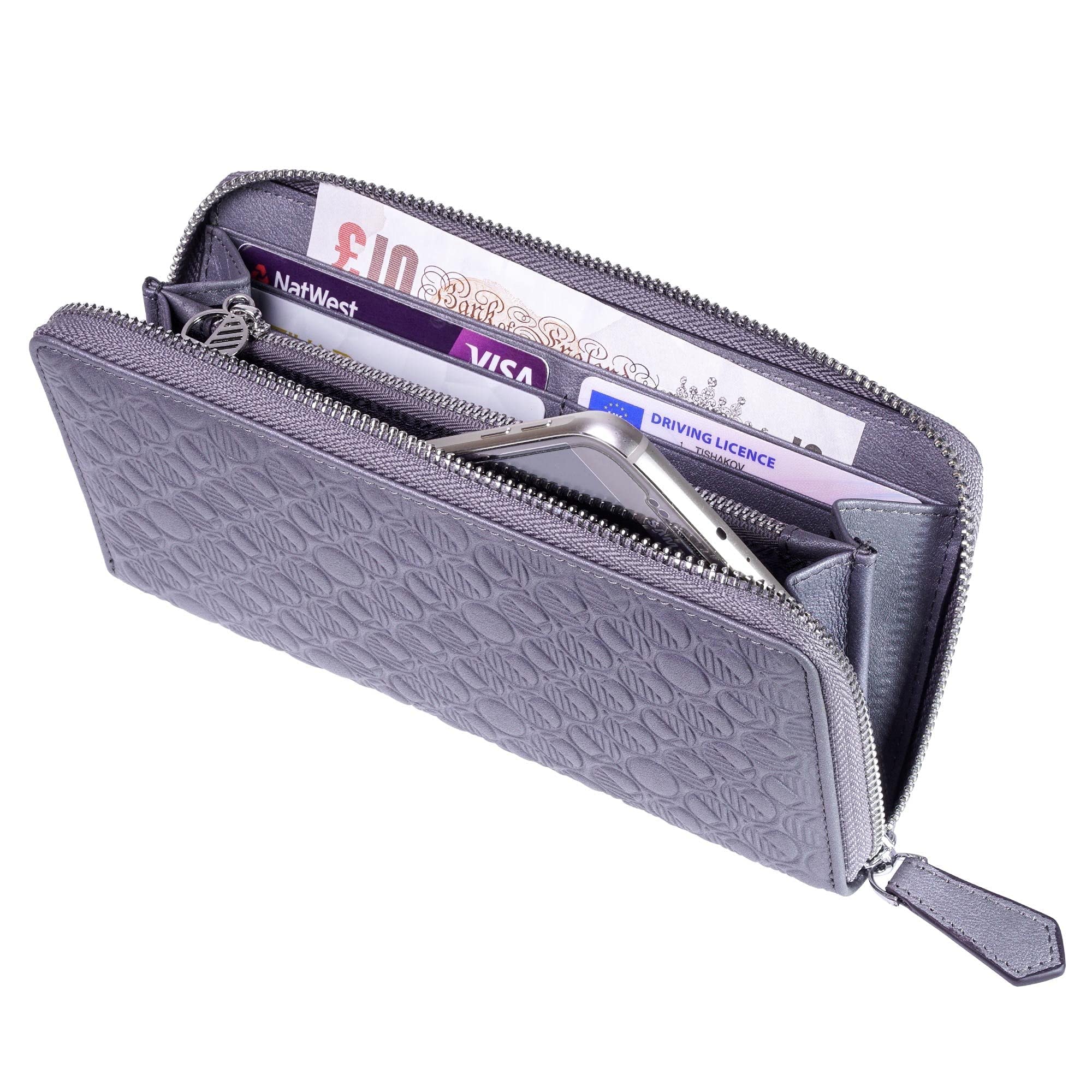 Drew Lennox "Go Womens Zip around Purse and Wallet — Luxury Buttery Soft Real Leather — Silver Gray