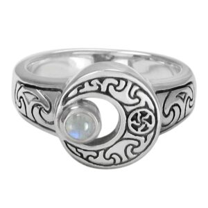 Dryad Design Sterling Silver Crescent Moon Ring with Natural Rainbow Moonstone (Size 10)