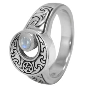 Dryad Design Sterling Silver Crescent Moon Ring with Natural Rainbow Moonstone (Size 10)