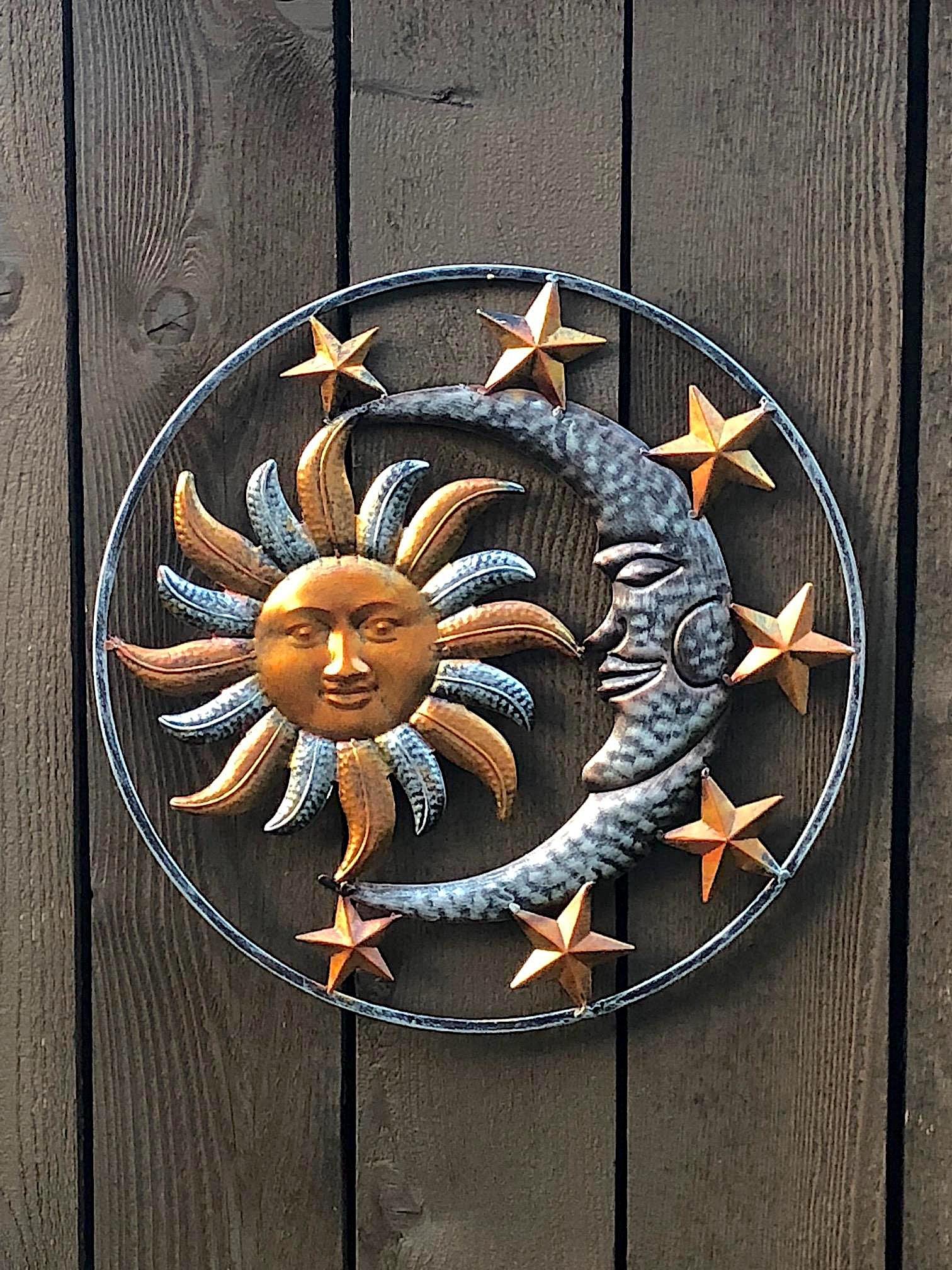 Large Metal Sun Moon Star Wall Art Sculpture Decor for Indoor Outdoor (17" Diameter)