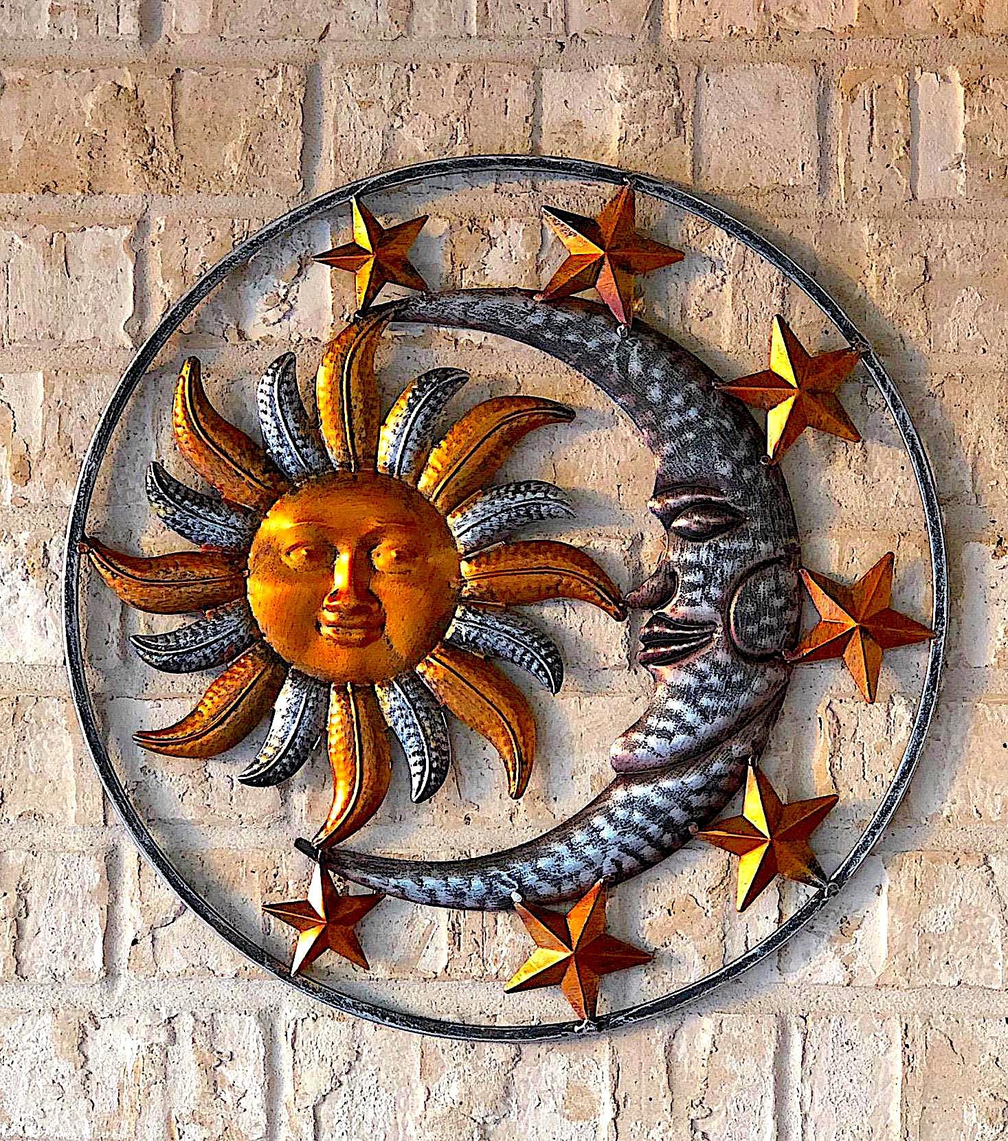 Large Metal Sun Moon Star Wall Art Sculpture Decor for Indoor Outdoor (17" Diameter)