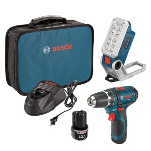 bosch power tools drill kit - ps31-2a - 12v 2-speed drill/driver kit and 12v max led work light w/ 2 batteries, charger and case