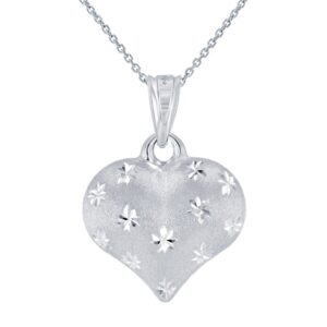 Jewelry America Polished 14K White Gold Satin Heart with Star Texture Charm Penadant Necklace, 18"