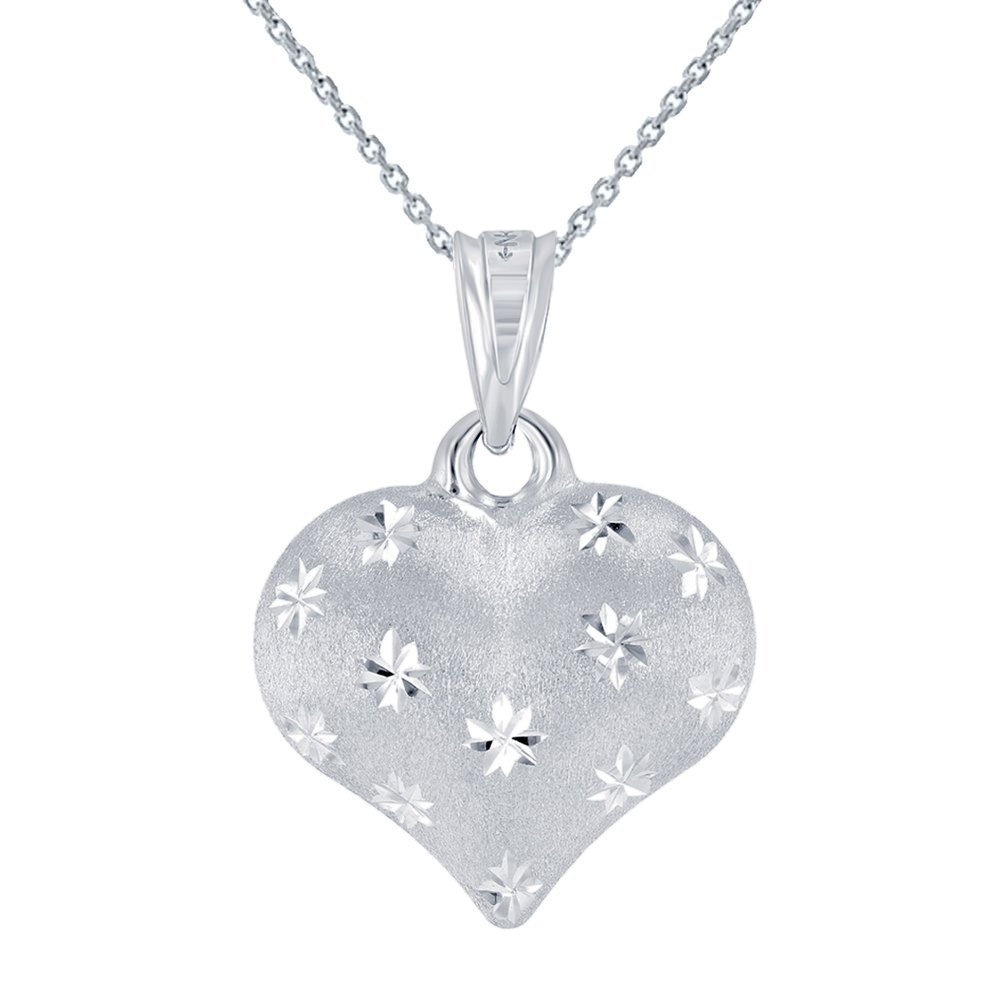 Jewelry America Polished 14K White Gold Satin Heart with Star Texture Charm Penadant Necklace, 18"