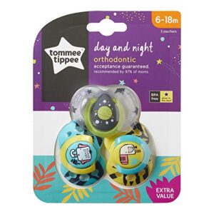 Tommee Tippee Day And Night Pacifiers, Symmetrical Design, BPA-Free Silicone Binkies, 6-18m, 3-Count, Colors And Designs May Vary