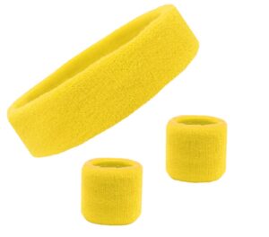 sweatband set cotton sports headband terry cloth wristband moisture wicking sweat absorbing head band athletic exercise basketball wrist sweatbands and headbands by kenz laurenz (yellow)