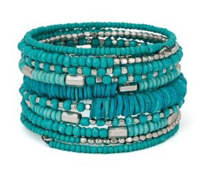 spunkysoul handmade bohemian coil in aqua teal and silver bracelet for women collection