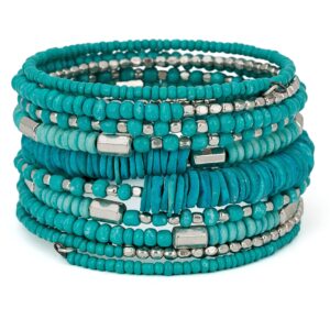 SPUNKYsoul Handmade Bohemian Coil in Aqua Teal and Silver Bracelet for Women Collection