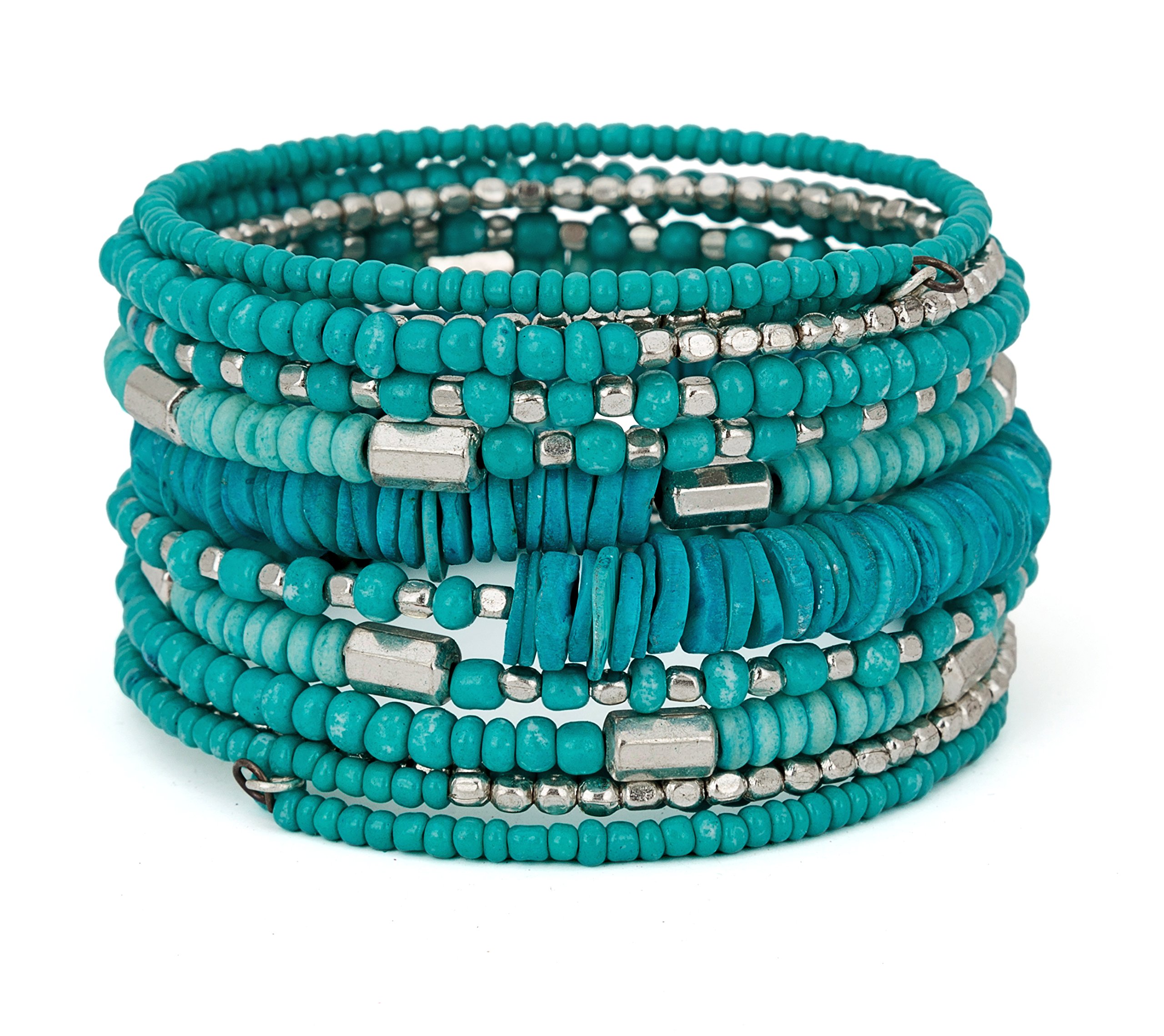 SPUNKYsoul Handmade Bohemian Coil in Aqua Teal and Silver Bracelet for Women Collection