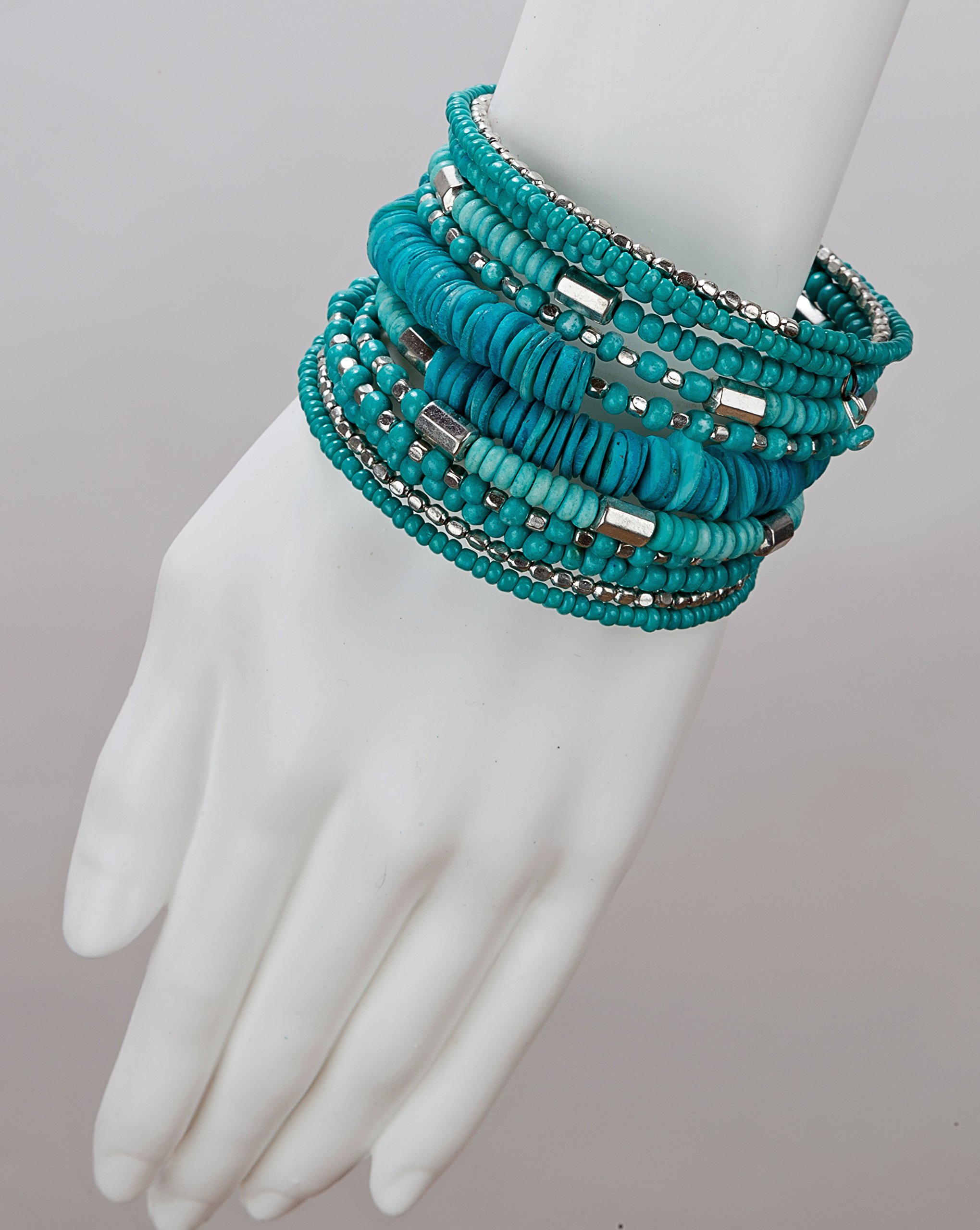 SPUNKYsoul Handmade Bohemian Coil in Aqua Teal and Silver Bracelet for Women Collection