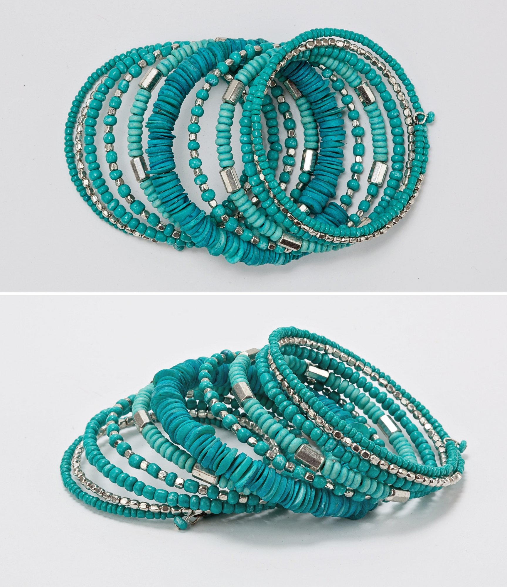 SPUNKYsoul Handmade Bohemian Coil in Aqua Teal and Silver Bracelet for Women Collection