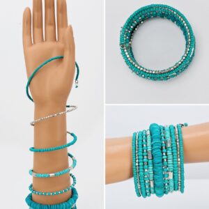 SPUNKYsoul Handmade Bohemian Coil in Aqua Teal and Silver Bracelet for Women Collection