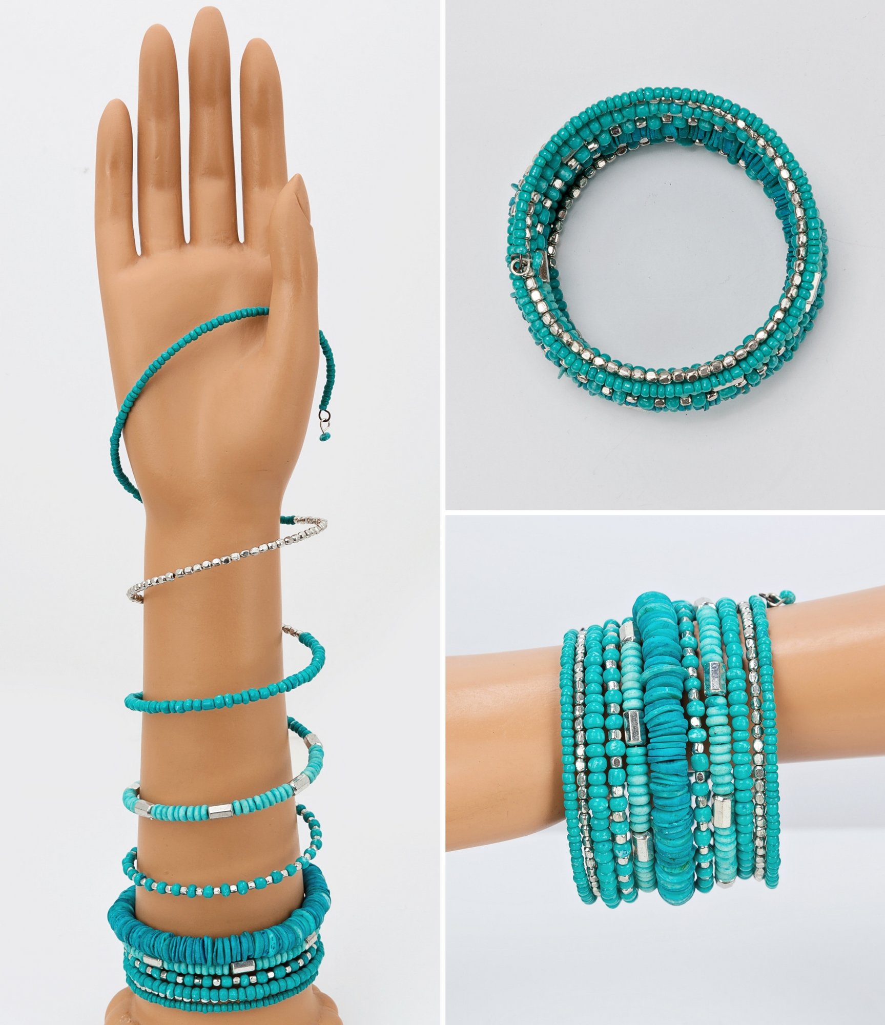 SPUNKYsoul Handmade Bohemian Coil in Aqua Teal and Silver Bracelet for Women Collection