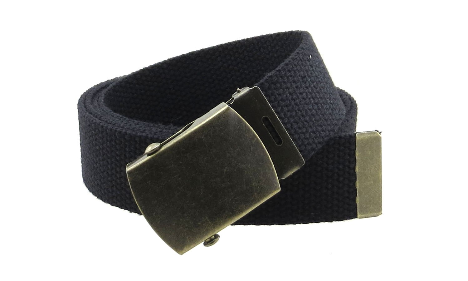 Canvas Web Belt Military Style with Antique Brass Buckle and Tip 50" Long (Black)