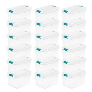 Sterilite 64 Qt Latching Storage Box, Stackable Bin with Latch Lid, Plastic Container to Organize Clothes in Closet, Clear with White Lid, 12-Pack