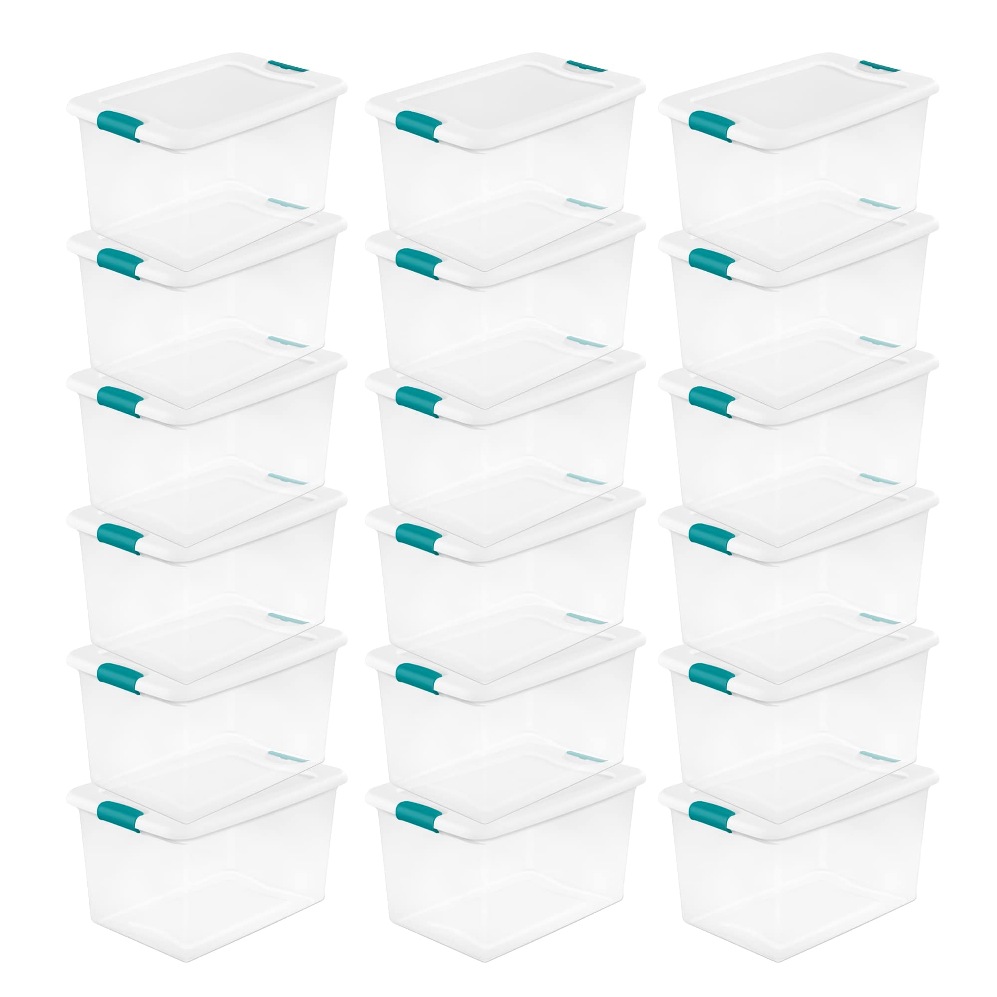 Sterilite 64 Qt Latching Storage Box, Stackable Bin with Latch Lid, Plastic Container to Organize Clothes in Closet, Clear with White Lid, 12-Pack