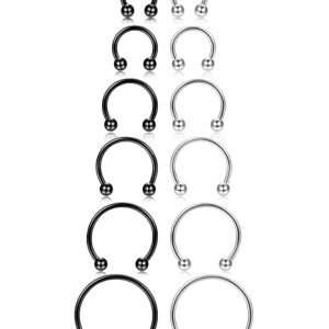 ORAZIO 12Pcs 14-16G Stainless Steel Nose Rings Septum Piercing Cartilage Horseshoe Earring Body Piercing 6MM-16MM Black And Silver Tone