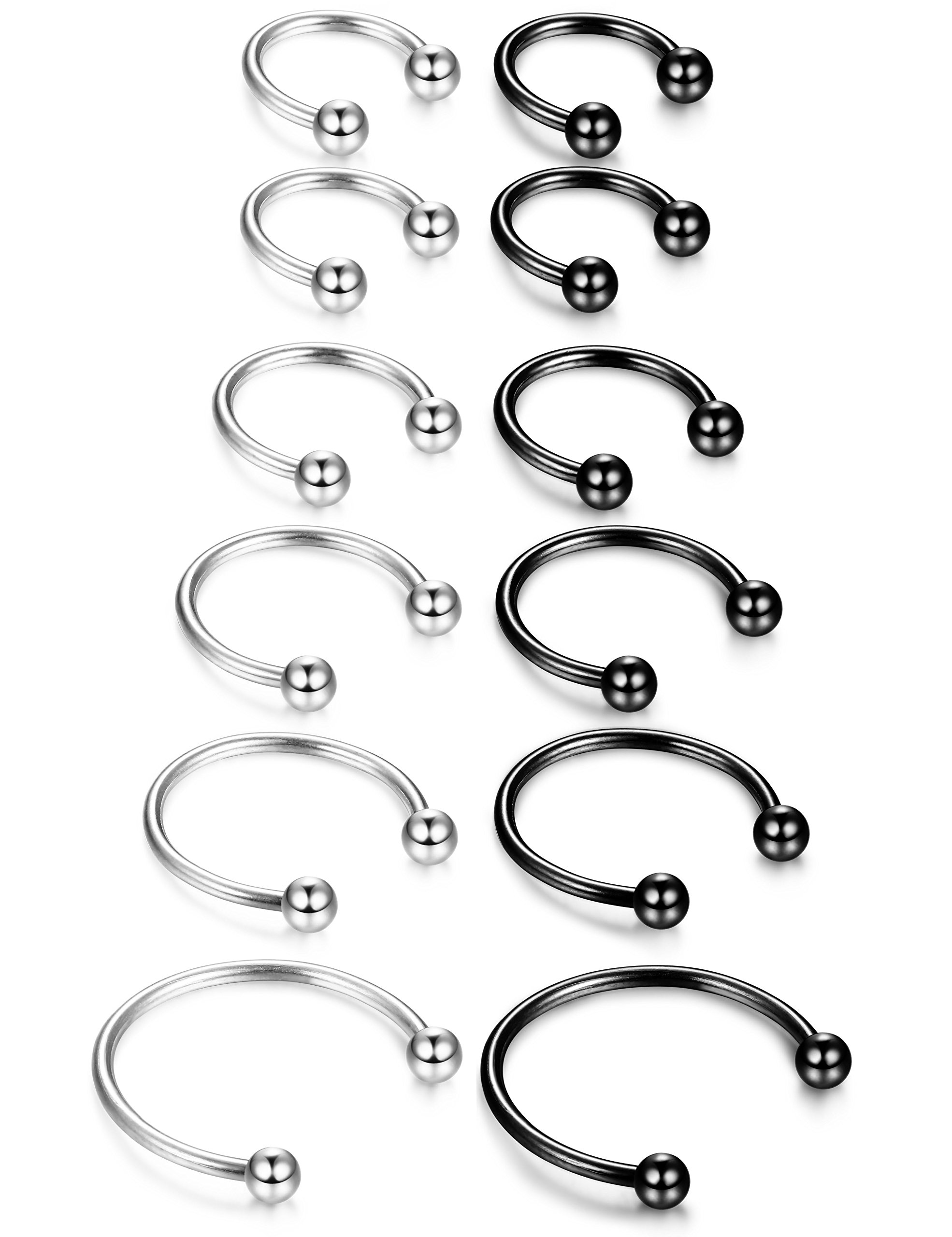 ORAZIO 12Pcs 14-16G Stainless Steel Nose Rings Septum Piercing Cartilage Horseshoe Earring Body Piercing 6MM-16MM Black And Silver Tone