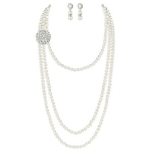 babeyond 1920s gatsby pearl necklace vintage bridal pearl necklace earrings jewelry set multilayer imitation pearl necklace with brooch (style 1)